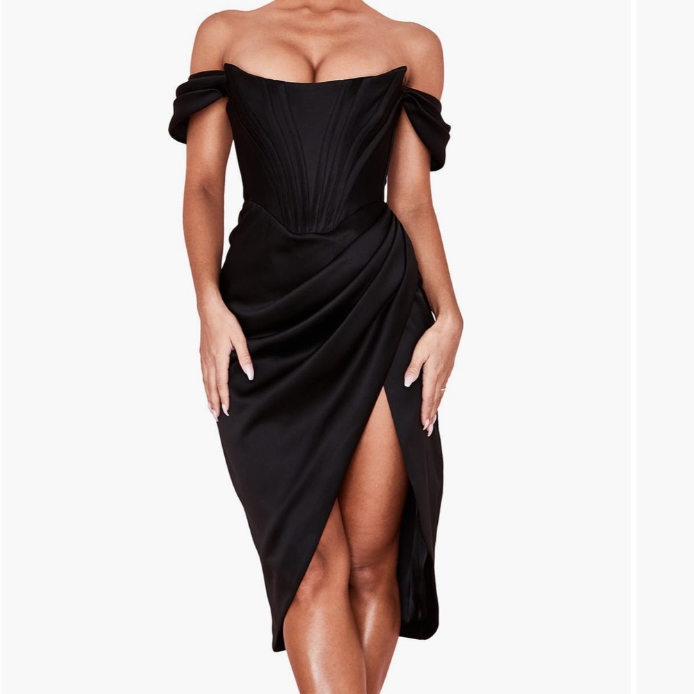 HOUSE OF CB Loretta Off the Shoulder Satin Corset Dress black large